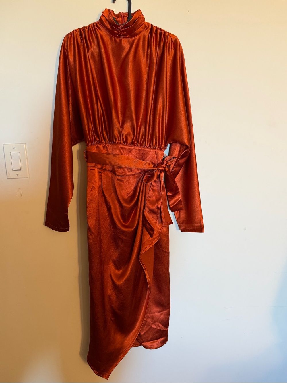 PrettyLittleThing Rust Satin Long Sleeve Mock Neck Wrap Dress